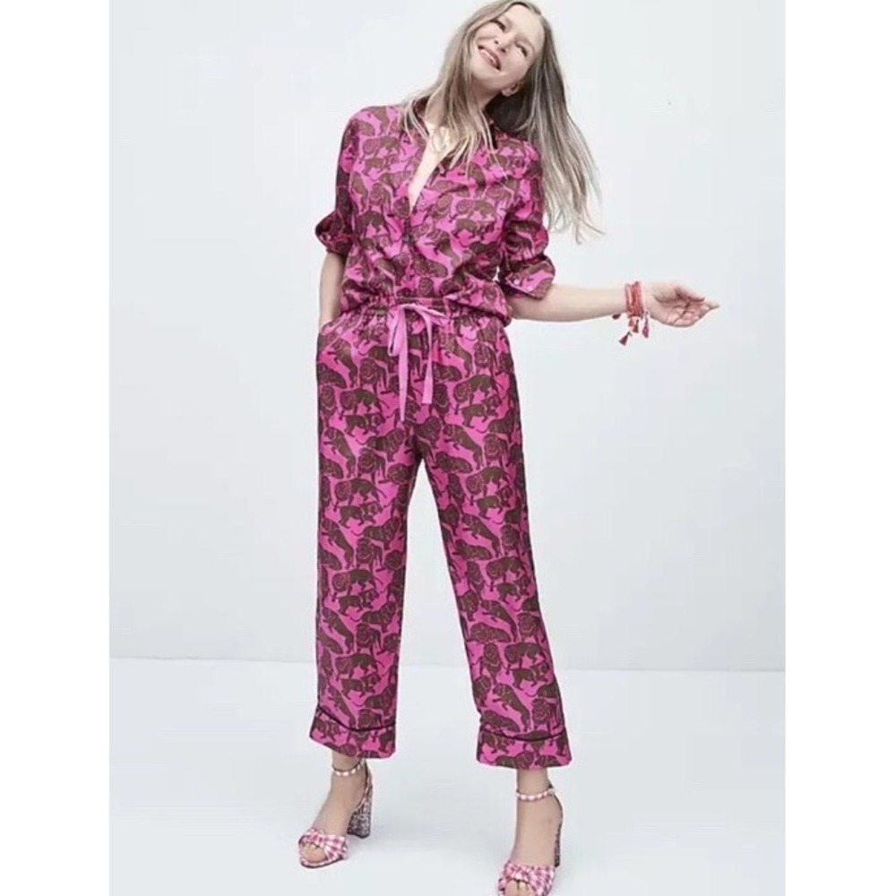 J.Crew Collection Pink Brown Silk Lion Print Pajama Set Top 6 Pants 4 Loungewear